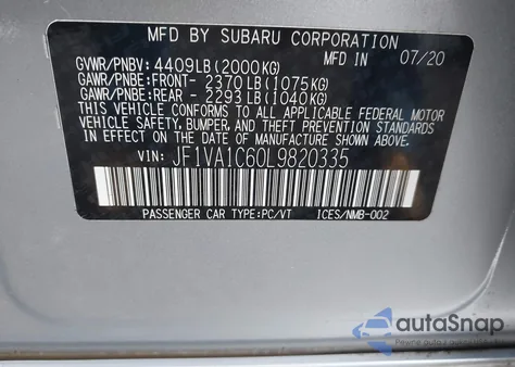 2020 Subaru Wrx Premium из США, поврежденный, VIN JF1VA1C60L9820335